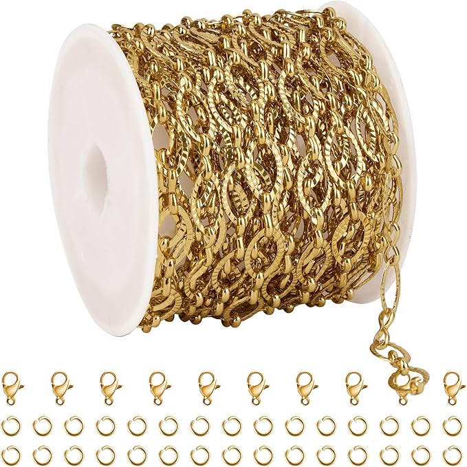 Kyutong 5 Meters Embossed Necklace Chains for Jewelry Making Gold Plated Stainless Steel Chain Roll on Spool Oval Links Jewelry Findings for Handcraft DIY