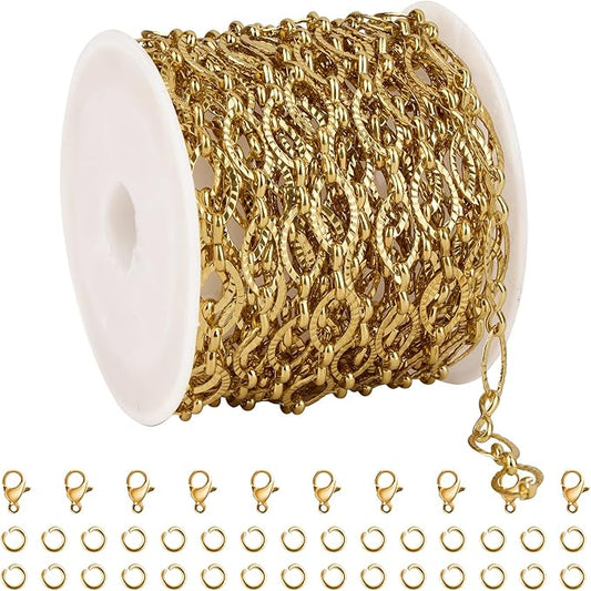 Kyutong 5 Meters Embossed Necklace Chains for Jewelry Making Gold Plated Stainless Steel Chain Roll on Spool Oval Links Jewelry Findings for Handcraft DIY