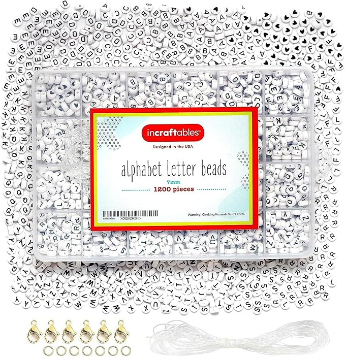 Incraftables 1200pcs Round Letter Beads for Jewelry Making (7mm). A-Z Letters Black Alphabet for DIY Friendship Bracelets & Crafts. ABC Circle & Heart Bead w/Elastic String, Clasps & Organizer Box