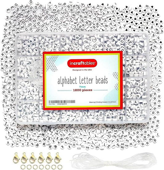 Incraftables 1200pcs Round Letter Beads for Jewelry Making (7mm). A-Z Letters Black Alphabet for DIY Friendship Bracelets & Crafts. ABC Circle & Heart Bead w/Elastic String, Clasps & Organizer Box