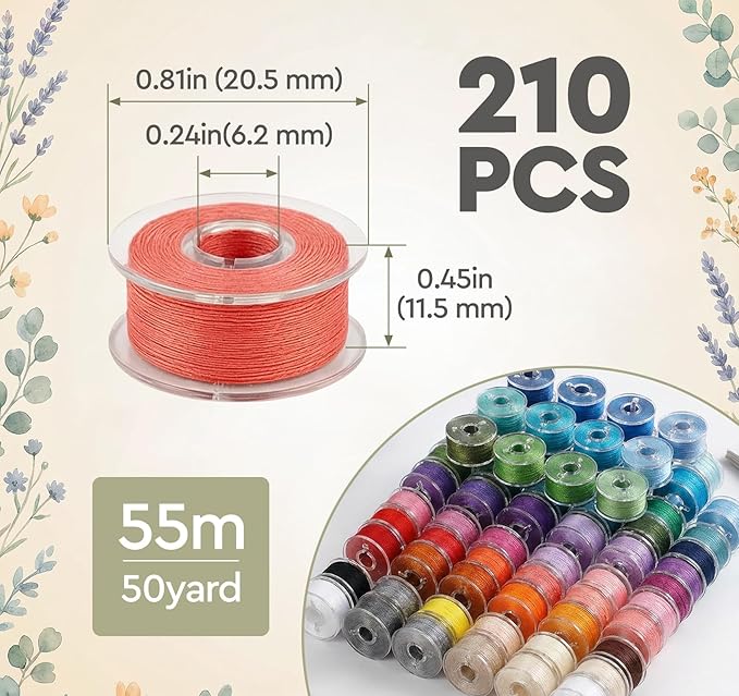 ilauke 210 pcs Bobbins Sewing Thread, SizeA Class15 Prewound Sewing Bobbins for Machine, 36 Colors Polyester Bobbin Thread Compatible for Brother/Singer/Babylock/Janome Machine, 60WT
