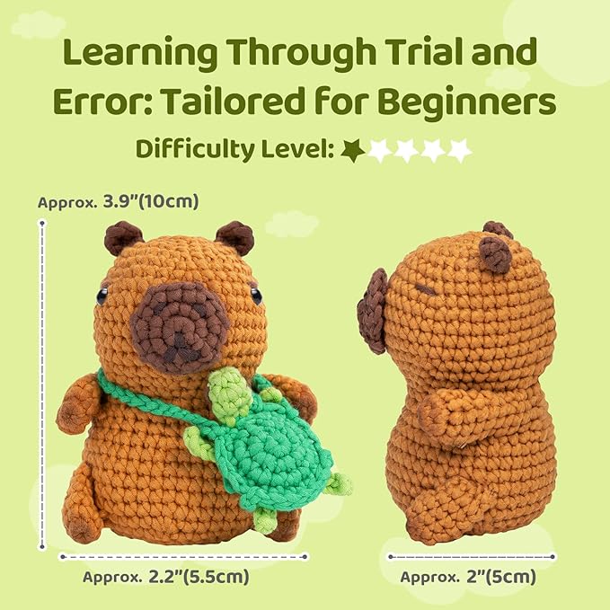 Mewaii Crochet Kit for Beginners Level 1 with 40% Extra Eco-Friendly Pre-Started Easy Yarn, Step-by-Step Video Tutorials for Adults and Kids (Capybara)