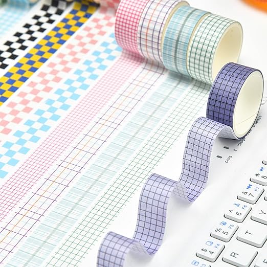 12 Rolls Grid Washi Tape Set Plaid Arts Adhesive Tapes Basic Patterns Decorative Masking Tape Sets for Craft, Kids, Scrapbook, DIY, Gift Wrapping (Style Three)