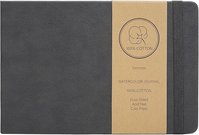 Vienrose Watercolor Sketchbook, 8.25"x5.5" Watercolor Journal with 24 Sheets 48 Pages 140 LB (300 GSM) Cotton Watercolor Paper, Grey Leather Cover Water Coloring Sketch Book As Travel Notebook