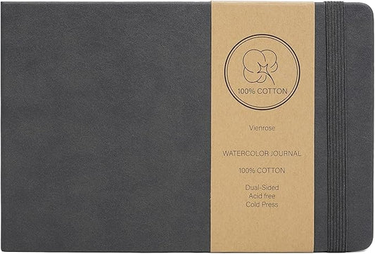 Vienrose Watercolor Sketchbook, 8.25"x5.5" Watercolor Journal with 24 Sheets 48 Pages 140 LB (300 GSM) Cotton Watercolor Paper, Grey Leather Cover Water Coloring Sketch Book As Travel Notebook