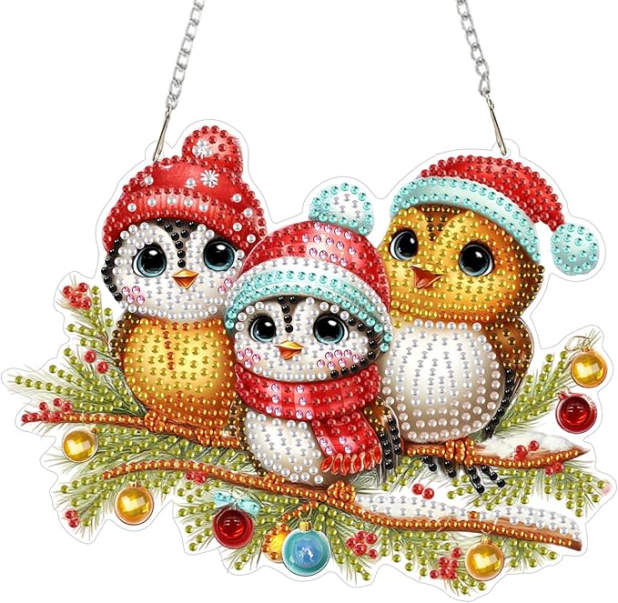 MEIYUDA Christmas Birds Diamond Art Hanging Kits for Adult, Cute Winter Birds Diamond painting Hanging Kits Ornaments, DIY Special Shaped Rhinestone Window Pendants kit for Home Garden Wall Decor Gift