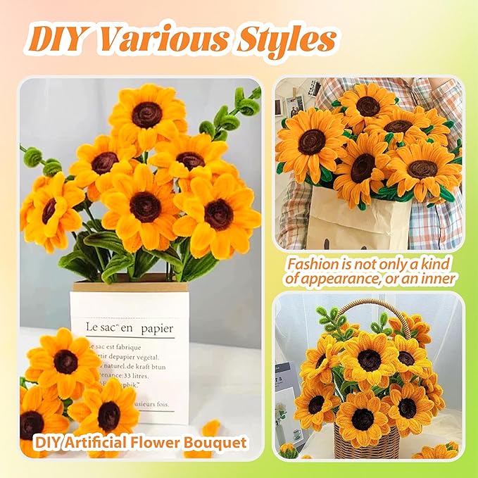 300 Pcs Thick Pipe Cleaners,Craft Supplies Floral Bonquet,DIY Flower Making Kit for Starter with Floral Wires, Gardening Tape,Stamen (Brown+Gold+Green)