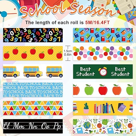 Whaline 12 Rolls Back to School Washi Tape First Day of School Colorful Washi Masking Tape Apples Book School Bus Decorative Paper Adhesive Stickers for Scrapbook Gift Wrapping DIY Art Crafts, 16.4Ft