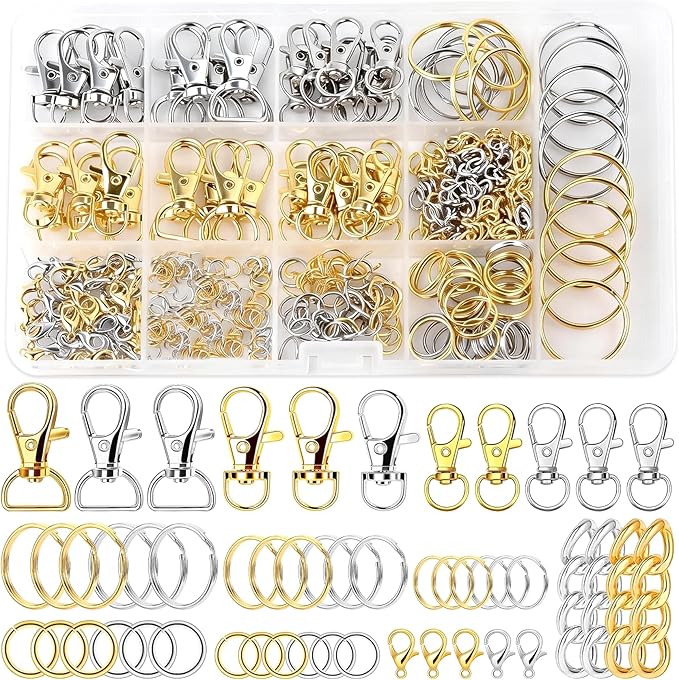 Prdingfy 282PCS Keychain Making Kit, Keychain Craft Supplies Including Key Chain Hooks, Lobster Clasps, Key Rings and Jump Rings for Key Chain Making and Jewelry Making(Gold Silver)