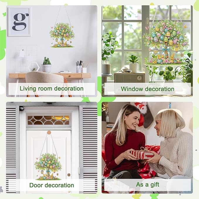 MAXBYE Easter DIY Diamond Art Kits for Adults Hanging Pendant Easter Egg Tree with Rabits, Painting Diamond Gem Art Hanging Kits for Beginners Gift Window Wall Door Decoration 8×12Inch