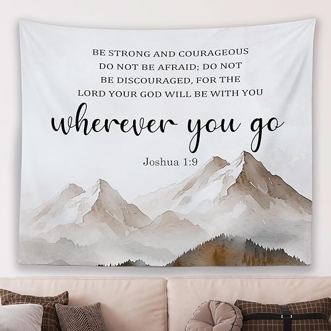 MNASAIOO Christian Mountian Lord Wall Tapestry Hanging for Bedroom, Bible Verse Scripture Joshua 1:9 Tapestries, Watercolor Religious Wall Decor Banner for Living Room Prayer Room Church 50x60in