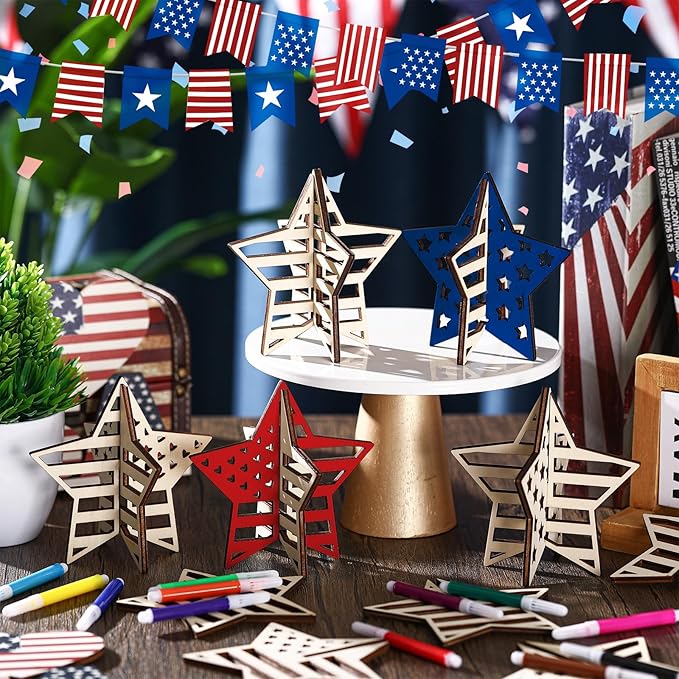 Huwena 36 Pcs Patriotic Crafts Set 24 Wood Stars for Crafts 4th of July 3D Star Cutouts with 12 Colored Pens Memorial Day Unfinished Wooden Slices to Paint for Independence Day Tiered Tray Decor