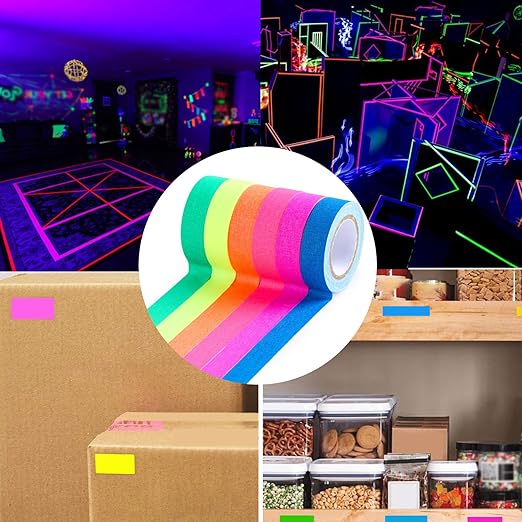 6 Colors Neon Tape for Fluorescent UV Blacklight Glow in The Dark Tape for Party Decoration, 0.6 inch x 16.5 ft