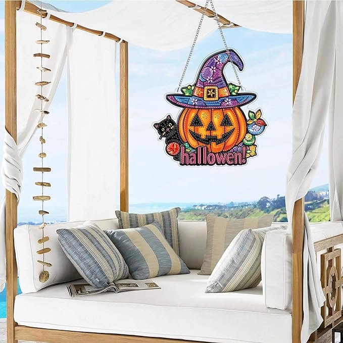 VAIIEYO Halloween Diamond Art Hanging Ornament, Black Cat Pumpkin Diamond Painting Suncatchers Window Hanging Kit with Chain, 7.5x7.5 inch Pendant Art Craft for Gift Home Wall Front Door Decoration