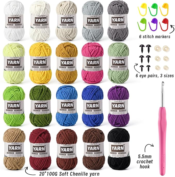 20 Pack Bulky Velvet Chenille Yarn, Baby Yarn for Crocheting Soft Blanket, 2000g(1094yds) Chunky Crochet Yarn, Thick Multicolor Yarn for Crocheting Amigurumi, Crafts, Home Decor B
