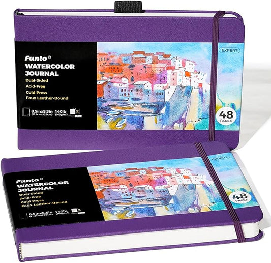 Funto Watercolor Journal, 8.5x5.5, 2 Pack, 48 Pages Each, Purple Leather Cover, Cold-Pressed, Inner Paper Pocket, Art Supplies for Mixed Media