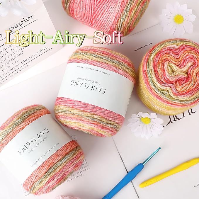 Katech Ombré Yarn for Crocheting-Gradient Cake Yarn-4x100g 60% Cotton 30% Acrylic 10% Wool-Ombré Multicolor Soft Rainbow Cotton Crochet Yarn for Scarves, Shawls, Blankets and Garments(H)