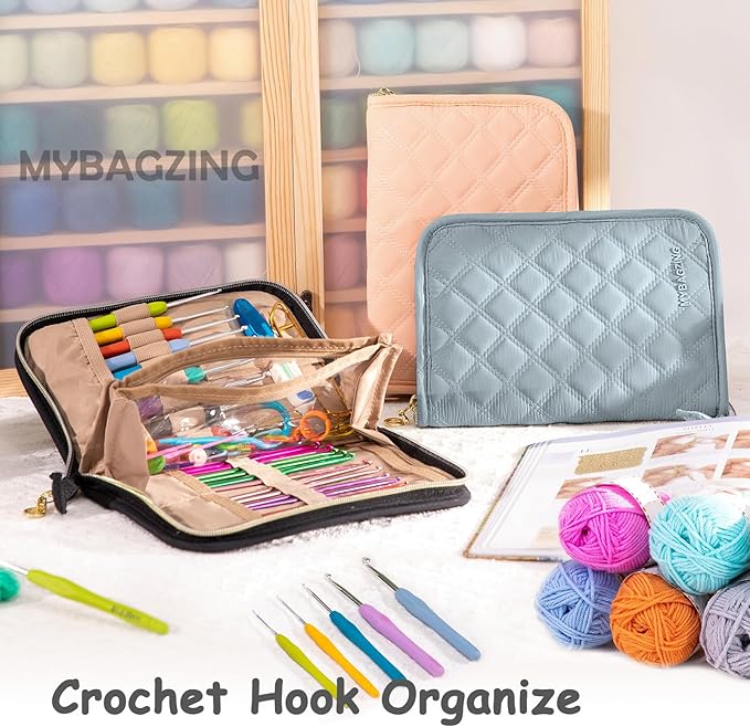 MYBAGZING Crochet Hook Case – Empty Organizer with 24 Slots for Crochet Hooks & Ergonomic Aluminum Crochet Needles, Zipper Pocket for Accessories and Supplies