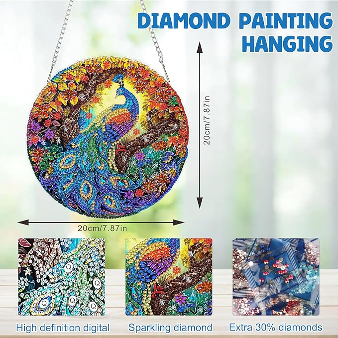 MAXBYE Hanging Diamond Art Painting Kits for Adults Beginners Peacock Animal, DIY 5D Special Shaped Crystal Painting Diamond Kits Hanging Ornament for Gift Home Wall Door Decor