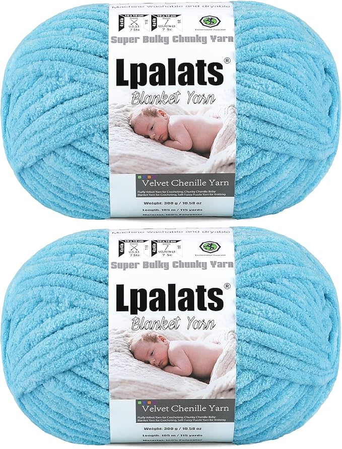 Baby Blanket Yarn for Crocheting - 2 Pack of 300g (Total 600g/21.2oz) Super Fluffy Chunky Chenille Yarn for Hand Knitting, 230 yds Super Bulky Plush Yarn for Cozy Blankets and Amigurumi (2, Sky Blue)