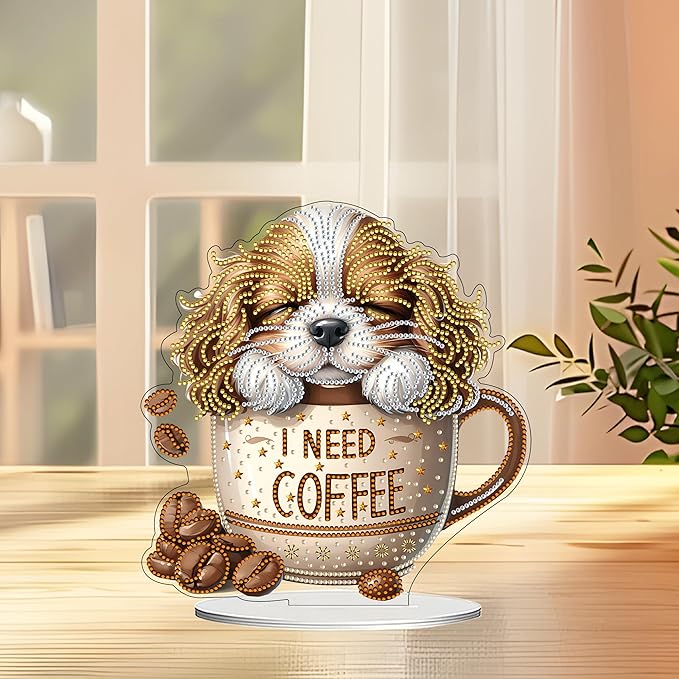 JJFox DIY Tabletop Diamond Art Painting Kit，Desktop Ornament Special Shaped Rhinestone Desk Placement Ornament，Home Stand Up Gem Painting Craft Kit Gift Double Sided (Coffee Dog)