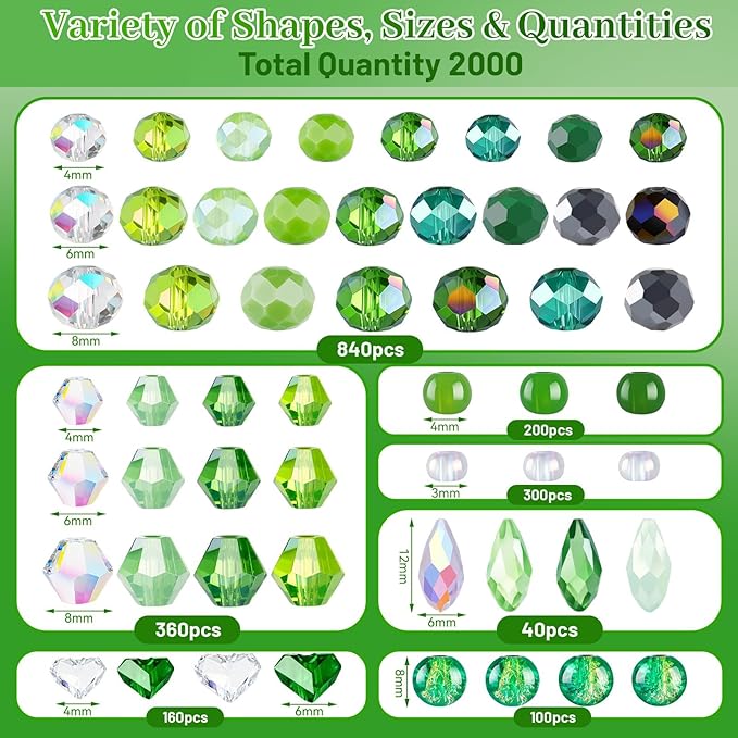 2000 Pcs Glass Beads for Jewelry Making –High Shine, Faceted Cut Crystal Sun Catcher Beads, DIY Bracelet Necklace Earring Craft Kit and Lamp Decor with Organizer Box for St. Paddy's Day, Green