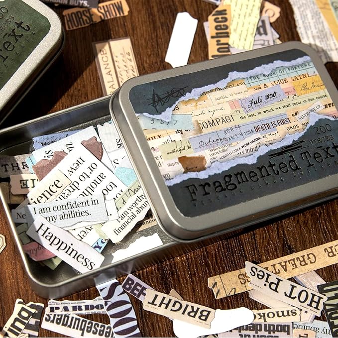 Vintage Fragmented Label Stickers, 400 PCS Washi Ephemera for Scrapbooking, Journaling, Crafting, DIY Projects, Diaries, and Art Supplies - 2 Iron Boxes Included
