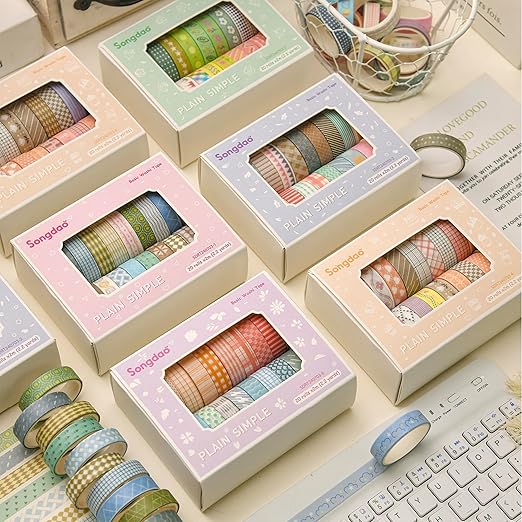 20 Rolls Basic Washi Tape Set Japanese Arts Adhesive Tapes Simple Patterns Decorative Masking Tape Sets for Craft, Kids, Scrapbook, DIY, Gift Wrapping (Style Five)