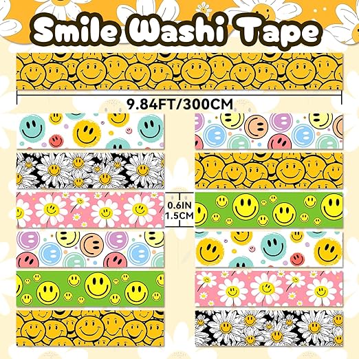 12 Rolls Smile Face Washi Tape Set, Cute Flower Decorative Tape, Colorful Cartoon Masking Tape for Journaling Supplies, Junk Journal, Scrapbooking, DIY Arts & Crafts Supplies