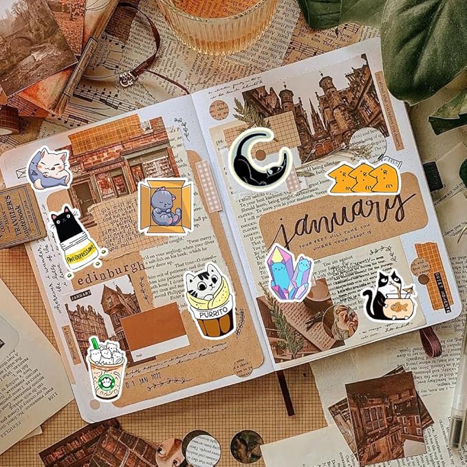 50Pcs Waterproof Vintage Stickers,Scrapbooking Supplies Kit,Aesthetic Decorative Craft Sticker for Planner, Bullet Journaling, Junk Journal, Water Bottles, Laptop, Retro Craft.Weird Cat