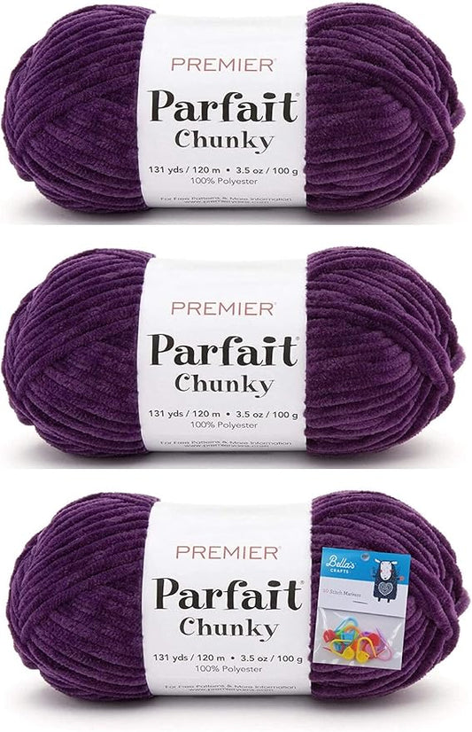 Premier Yarns Parfait Chunky Chenille Yarn 3.5 Oz 6 Super Bulky Weight 3 Pack Bundle with Bella's Stitch Place Holders (Eggplant)