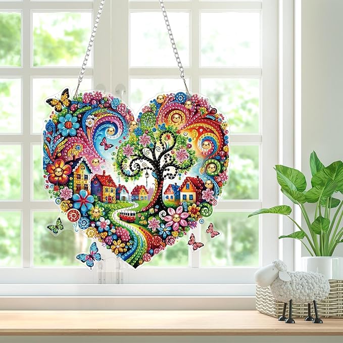 Bowetile Heart-Shaped Flower Diamond Art Hanging Kits for Adults, Diamond Art Suncatchers Tree of Life, 5D Special Shape Diamond Painting Pendant Window Ornament Gifts for Home Wall Decor