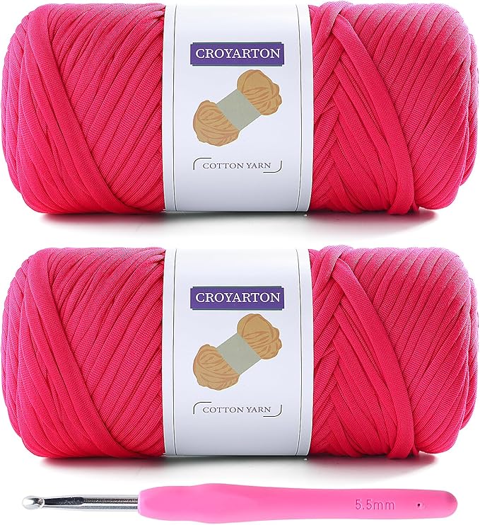 2 Pack T Shirt Yarn for Crocheting with 1 Crochet Hook, Elastic Tshirt Yarn for Crochet Bag/Baskets/Home Decor, Spaghetti Yarn Thick Knitting Yarn Total Length 130 Yds, Weight 14 Oz (Rose Red)