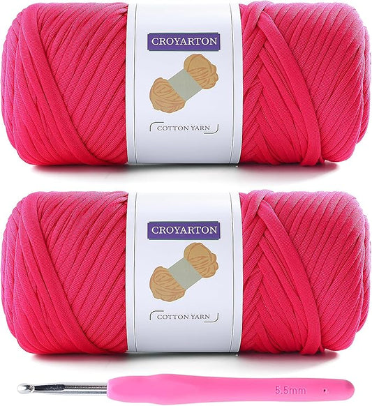 2 Pack T Shirt Yarn for Crocheting with 1 Crochet Hook, Elastic Tshirt Yarn for Crochet Bag/Baskets/Home Decor, Spaghetti Yarn Thick Knitting Yarn Total Length 130 Yds, Weight 14 Oz (Rose Red)