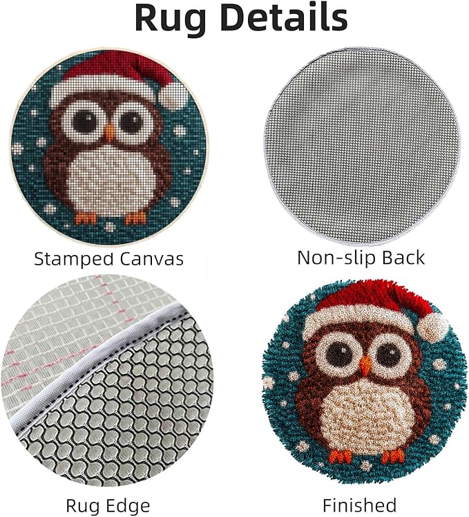 Latch Hook Rug Kit Cute Cartoon Owl Wear Christmas Hat Easy for Beginners Round Shape Carpet Crochet Yarn Craft Mini Rug DIY Hook and Latch Little Tapestry for Home Decor 30x30cm-1