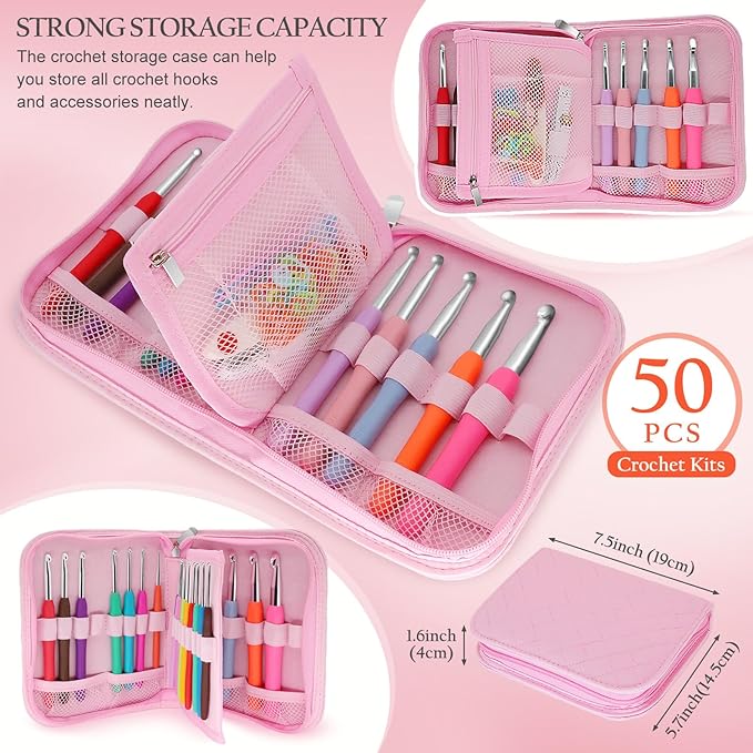 blingcute 50-piece ergonomic crochet kit (0.6mm-8.0mm), pain-free hooks for arthritis hands, portable aluminum needles set with pink travel organizer, best gift for beginners & lace projects