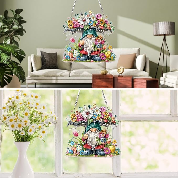 MXJSUA Diamond Art Hanging Kits for Adults Beginners, DIY Acrylic 5D Special Shaped Crystal Diamond Gem Art Painting Hanging Ornament for Home Wall Decor and Gift (Easter Gnome)