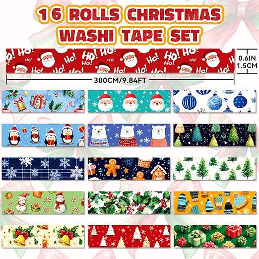 Christmas & Winter Washi Tape Set - 16 Rolls Holiday Decorative Tape for Bullet Journals, Scrapbooking & Gifts (0.6" x 10 ft) - Santa, Tree, Snowman, Penguin, Bear, Red Green Blue