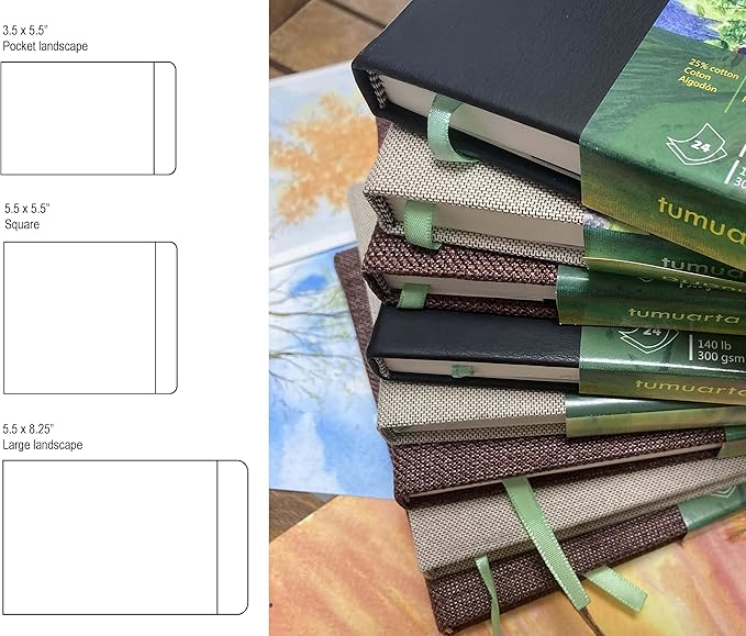tumuarta Watercolor Journal, 3.5x5.5”, 140 LB, 300 GSM, Cotton Paper, Cold Press, 24 Sheets, 48 Pages, Watercolor Sketchbooks for Use As Travel Notebook Mixed Media Pad On The Go