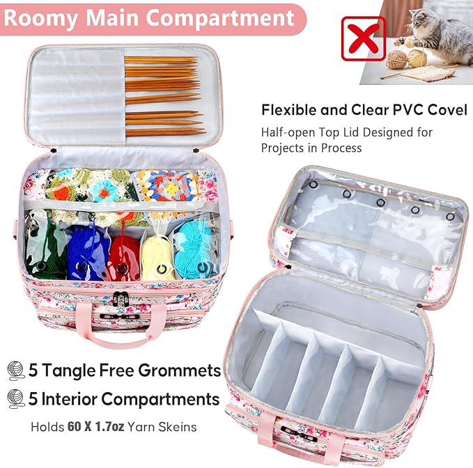 IBFUN 3PCS Crochet Bag with Wrist Yarn Holder, Large Yarn Storage Tote Waterproof Knitting Bag Organizer with Adjustable Strap for Hooks, Needles (Up to 14"), Accessories, Crochet Lovers, Tangle-Free