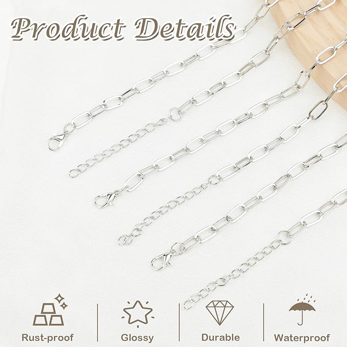 20 Pcs 18K Silver Plated Necklace Bracelet Chain Kit, Paperclip Alloy Link Fit Clip on Charm, Charm Bracelet Necklace Kit for Women DIY Jewelry Making (Silver)