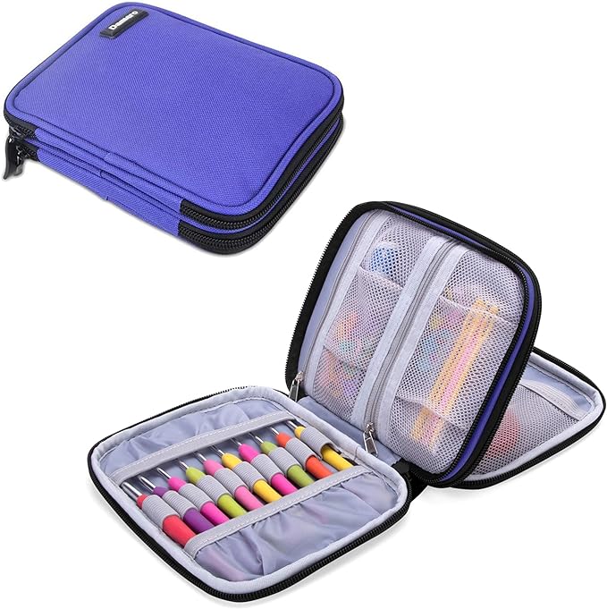 Damero Crochet Hook Case, Organizer Zipper Bag with Web Pockets for Various Crochet Needles and Knitting Accessories, Well Made and Easy to Carry, Medium, Blue Violet (No Accessories Included)