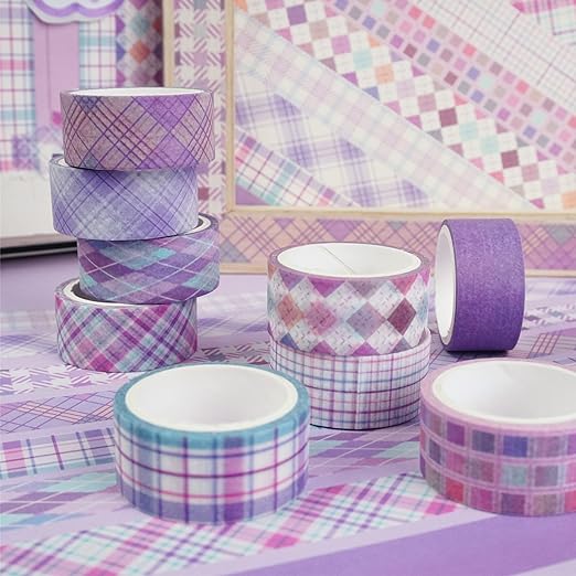 YUBX Basic Grid Washi Tape Set 12 Rolls Plaid Decorative Masking Tapes for Arts, DIY Crafts, Journals, Planners, Scrapbook, Wrapping (Purple)
