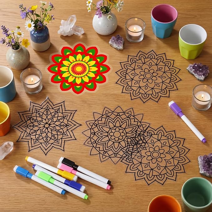 Frienda 36 Pcs Stained Glass Mandala Art Kit DIY Window Clings with Markers 6 Designs Holi Suncatchers Craft Color Your Own Spring Gift Crafts for Adults Seniors Beginners Women Elderly Home Decor