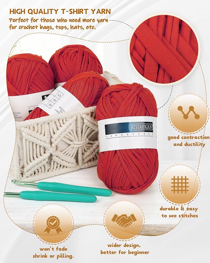 Katech Red T Shirt Yarn, 400g, 130 Yards Chunky Thick Yarn for Crocheting, Easy to Crochet, Beginner Knitting Gifts