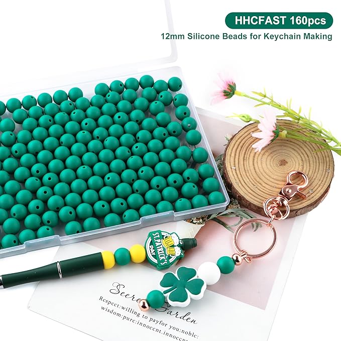 160Pcs 12mm Silicone Beads for Keychain Making Bracelet Necklace, Bulk Round Silicone Beads for Pens（Deep Green）