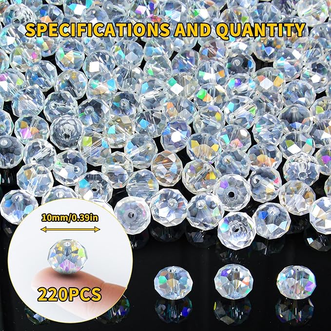laopottbeads 220pcs 10mm crystal glass beads for jewelry making beads for bracelets necklace pendants making supplies(white ab color)