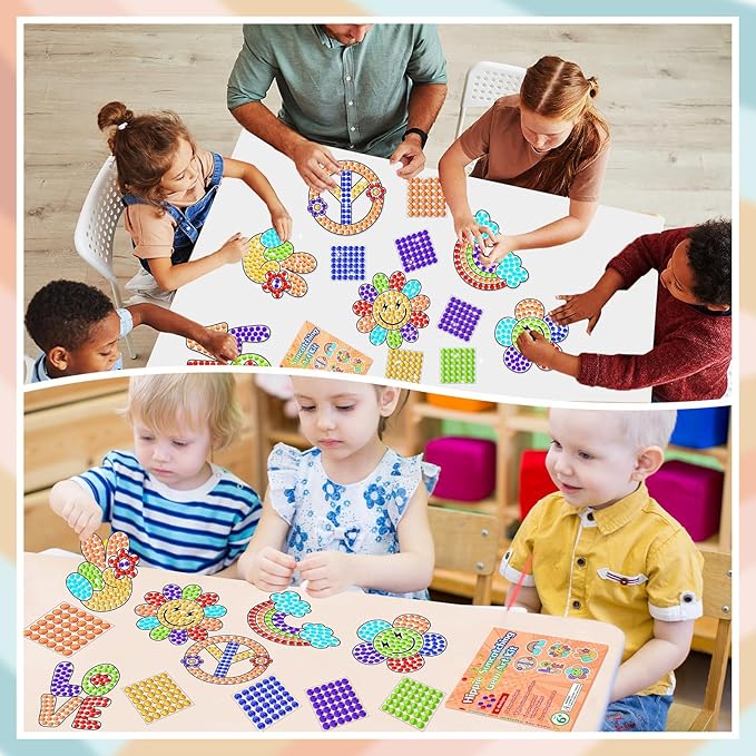 Qyeahkj 6 Pcs Groovy Arts and Crafts, Retro Art Crafts Boho Hippie Suncatcher Kits for Children at 6-8, 70s Groovy Dot Art DIY Diamond Painting Coloring Kits Window Clings Stickers for Kids