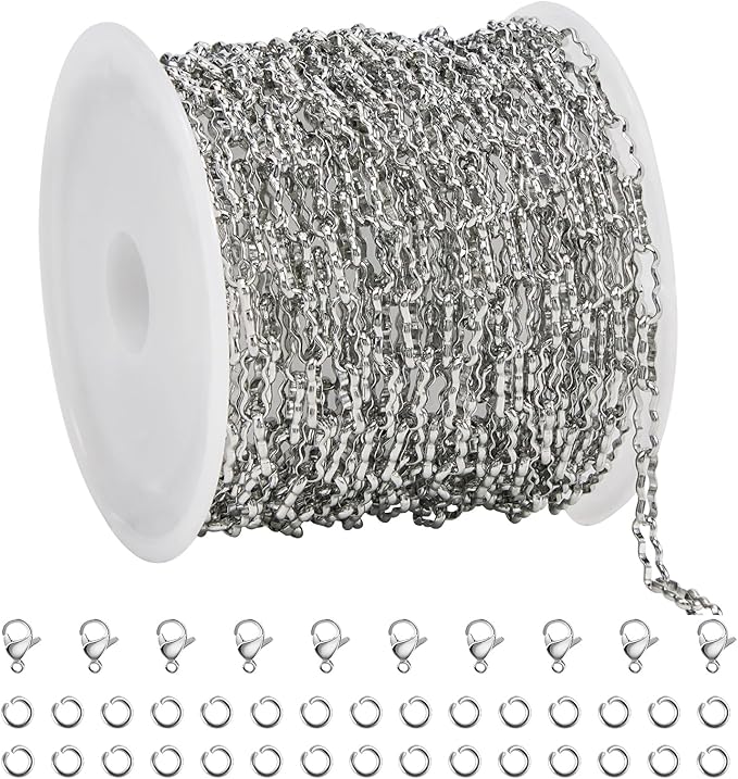 SMYHTGLIF 5 Meters Silver Soldered Peanut Chain for Jewelry Making Stainless Steel Bulk Chain Roll with Lobster Clasps and Jump Rings