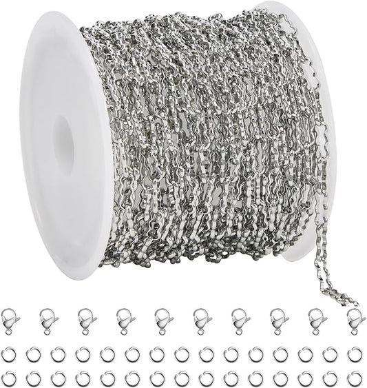 SMYHTGLIF 5 Meters Silver Soldered Peanut Chain for Jewelry Making Stainless Steel Bulk Chain Roll with Lobster Clasps and Jump Rings